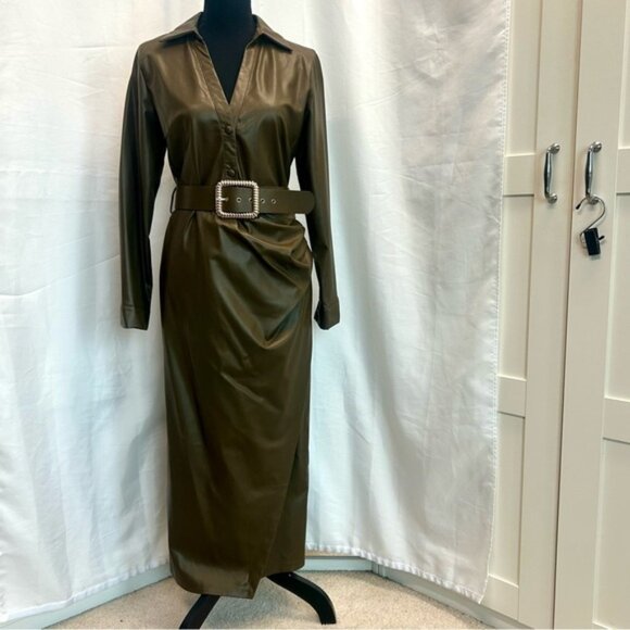 Zara khaki faux leather V-neck belted midi dress lapel collar long sleeve L NWOT - Picture 10 of 16